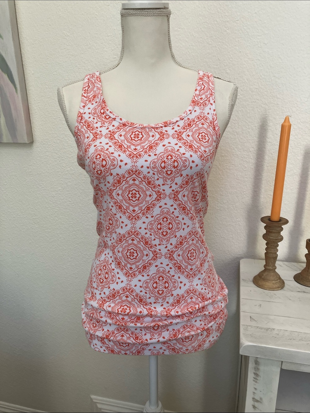 Y2k Faded Glory Coral and White Printed Scoop Neck Tank